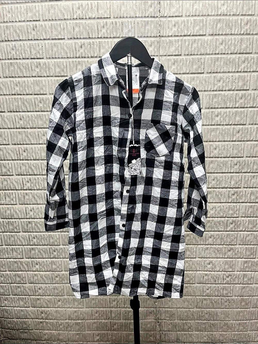 Shanghai Tang Checkered Button Down Shirt in Black & White Size Large NWT